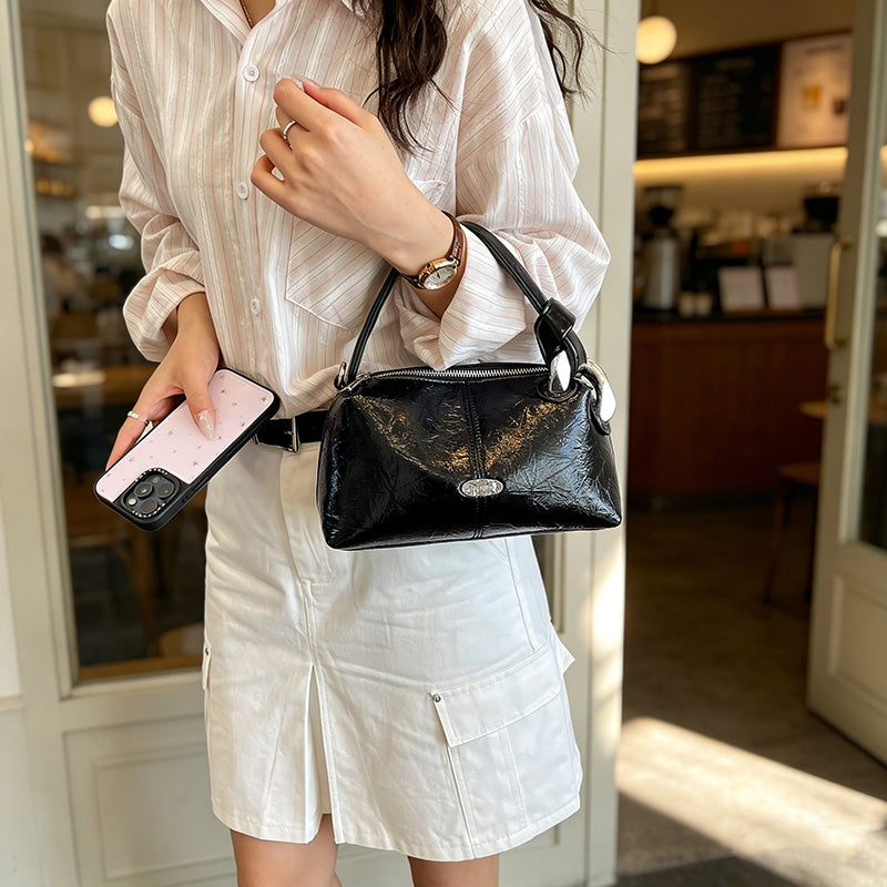 Bolso Mini Retro para Mujer con Acabado Brillante | Bolso de Hombro Elegante y Compacto