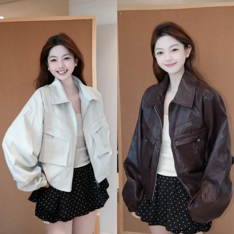 Chaqueta Corta de Cuero Sintético para Mujer – Estilo Vintage Oversize con Bolsillos