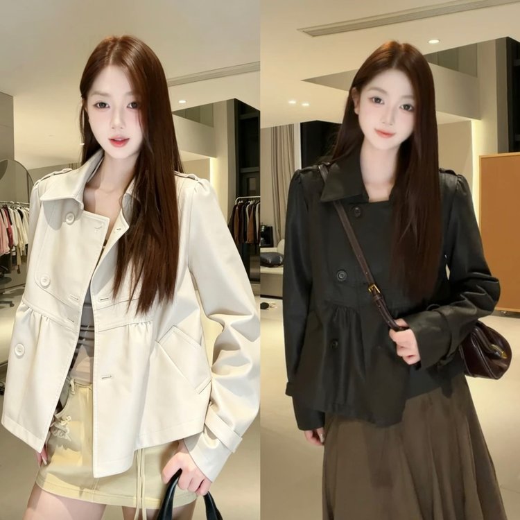 Chaqueta Corta de Cuero Sintético para Mujer – Estilo Francés con Diseño Peplum y Doble Botonadura