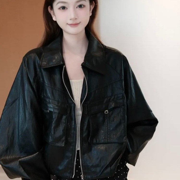 Chaqueta Corta de Cuero Sintético para Mujer – Estilo Vintage Oversize con Bolsillos