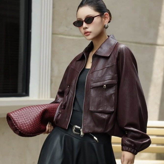 Chaqueta Corta de Cuero Sintético para Mujer – Estilo Vintage Oversize con Bolsillos
