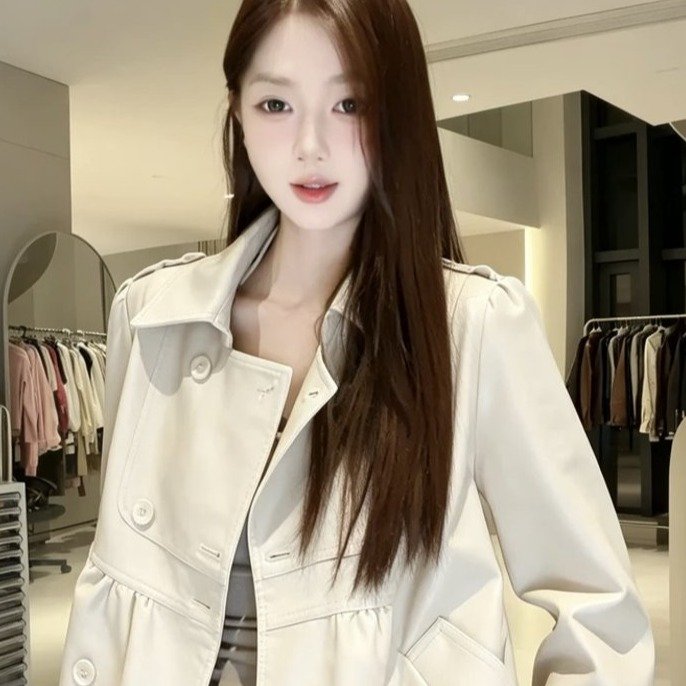 Chaqueta Corta de Cuero Sintético para Mujer – Estilo Francés con Diseño Peplum y Doble Botonadura