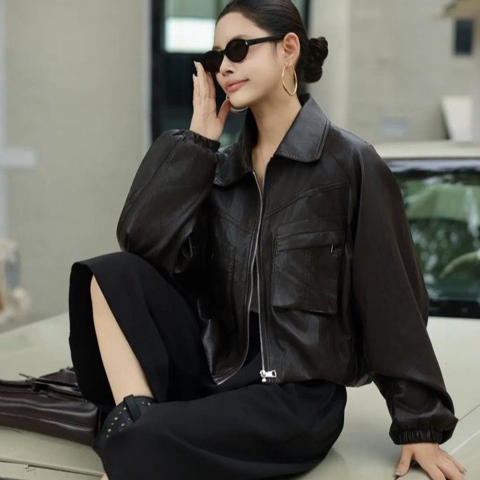Chaqueta Corta de Cuero Sintético para Mujer – Estilo Vintage Oversize con Bolsillos